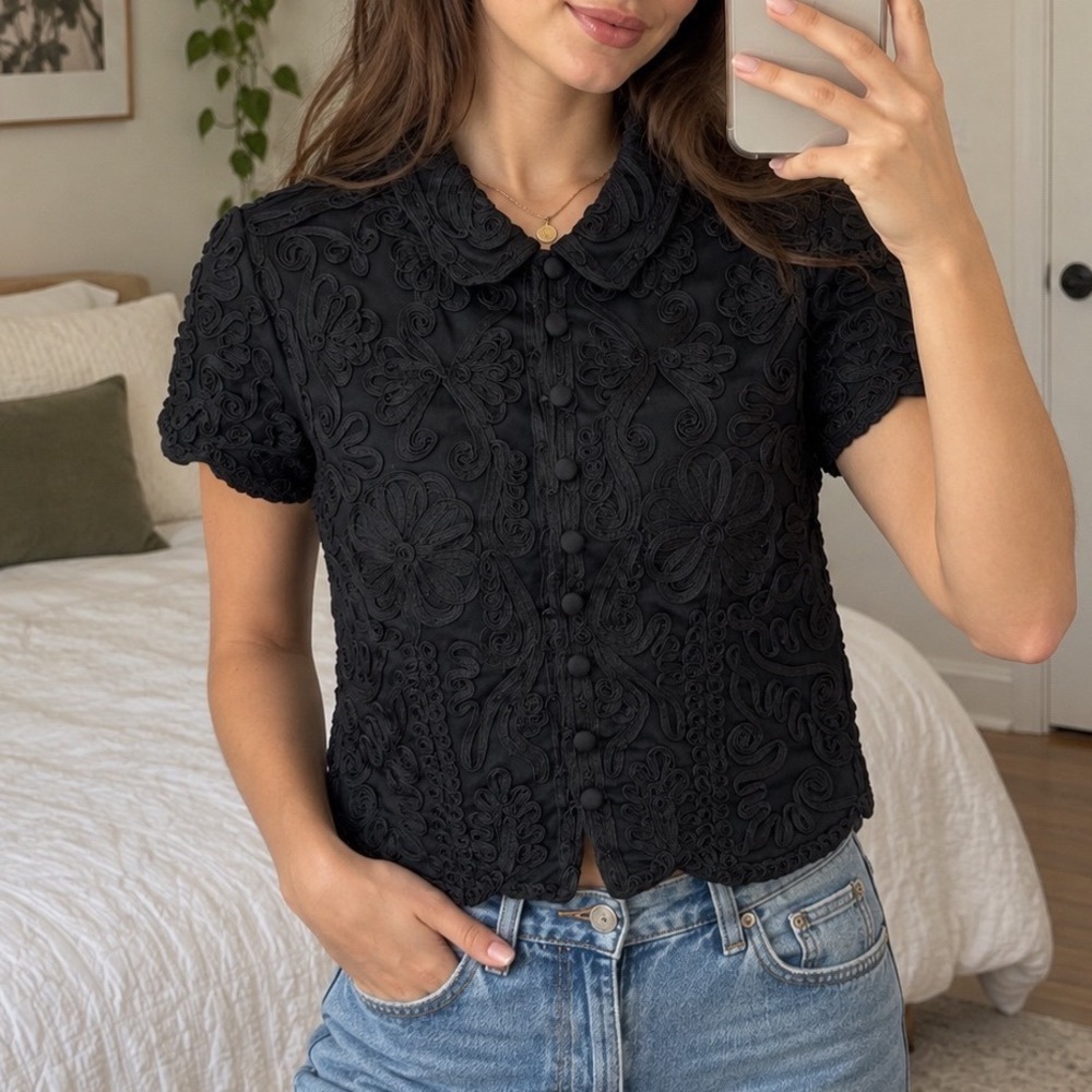 Cache VTG Black Soutache Embroidered 3D Mesh Button Up Top Short Sleeve M